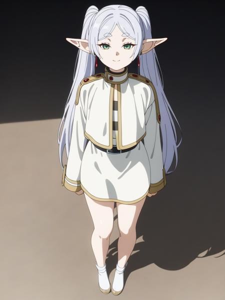 best quality,masterpiece,highres,absurdres,1girl,solo,newest,rating: general,  <lora:Frieren_XL-step00001000:0.6> ,(frieren, pointy ears, elf, earrings, twintails, parted bangs, grey hair, thick eyebrows),(full body:1.1),smile,