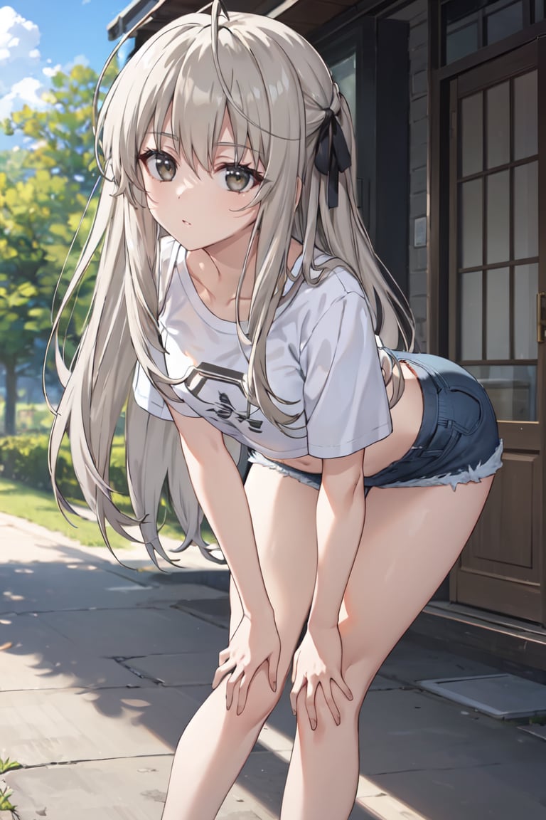 masterpiece, best quality, ultra-detailed, glistening shiny, glowing light, ray tracing, HDR, deph of field, (perfect face, detailed face),  <lora:KasuganoSora:0.7>, kasuganosora, long hair, small breasts, black hair ribbon, t-shirt, crop top, denim shorts, bend over, ass, outdoors, bare legs, standing