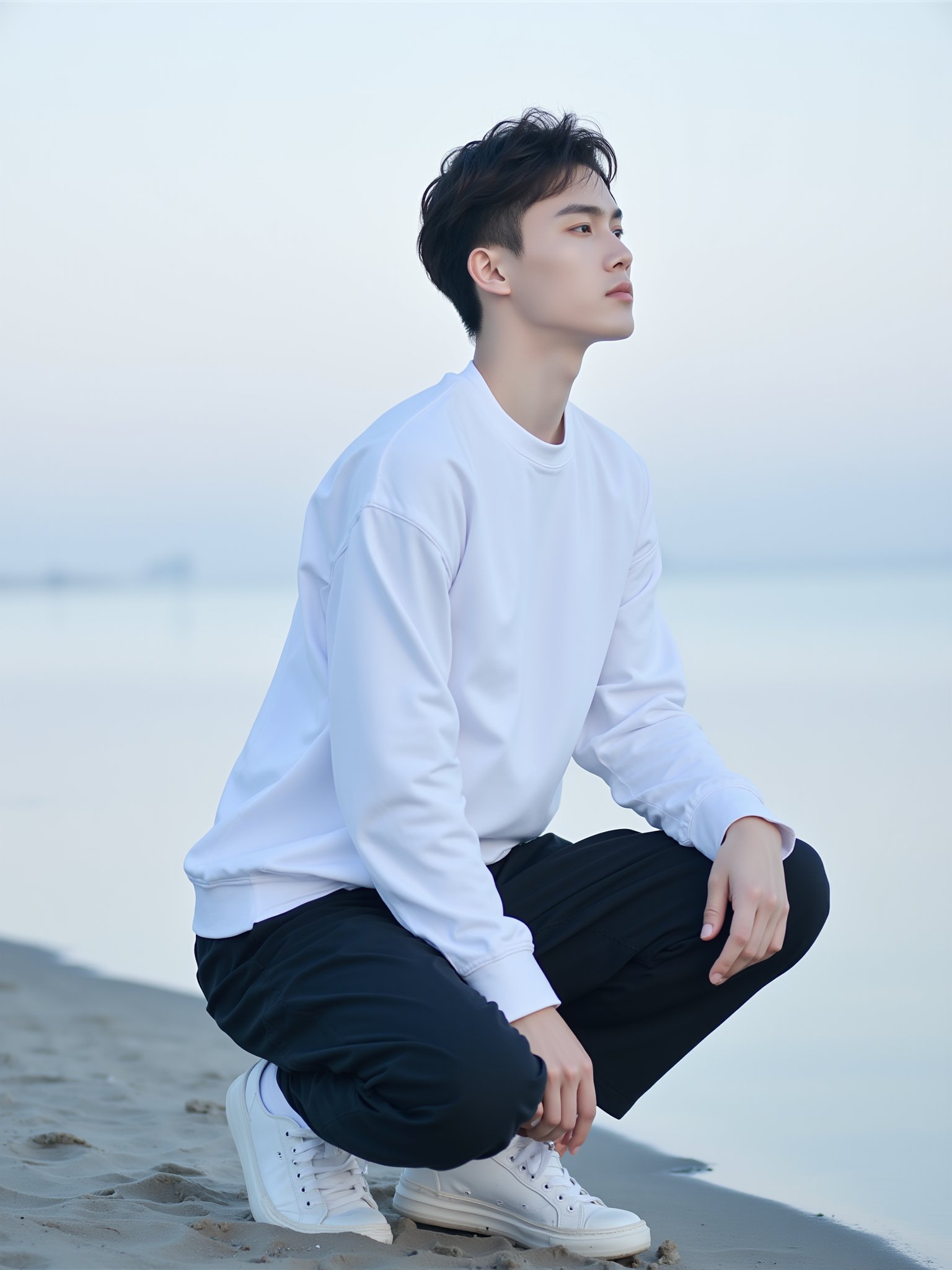 tianhai boy, photograph, young man with short black hair, wearing a white long-sleeve shirt and black pants, kneeling on a sandy beach, serene expression, soft lighting, calm water in the background, contemplative mood, white sneakers, relaxed pose, gentle shadows on the sand.<lora:光影人像v2.0:0.8>