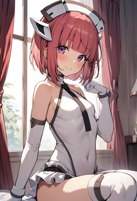 1girl, aikawa aika, white merry, solo, smile, purple eyes, elbow gloves, looking at viewer, bare shoulders, white legwear, short hair, white gloves, headgear, sitting, detached sleeves, small breasts, pink hair, red hair, eyebrows visible through hair, closed mouth, blush, white leotard, knee up, blunt bangs, halterneck, frills, covered navel, white sleeves, boots, sidelocks, leg up, from side, white thighhighs, white collar, black necktie, window, curtains, masterpiece, best quality <lora:aikawa_aika_sdxl_locon_v1:0.7>