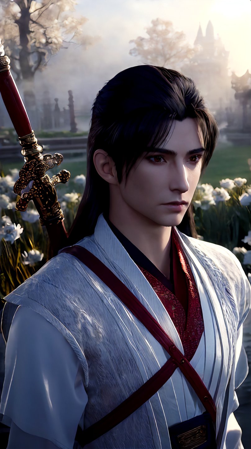 fh,solo,1boy,upper body,long hair,male focus,realistic,weapon,sword,weapon on back,black hair,river,grass,wonderland,fog,exquisite facial features,delicate skin,bright,Cinematic Lighting,looking_at_viewer,day,,well lit,depth of field,facial polishing,tanono,flower field,<lora:玫瑰花场景-王导:0.6>