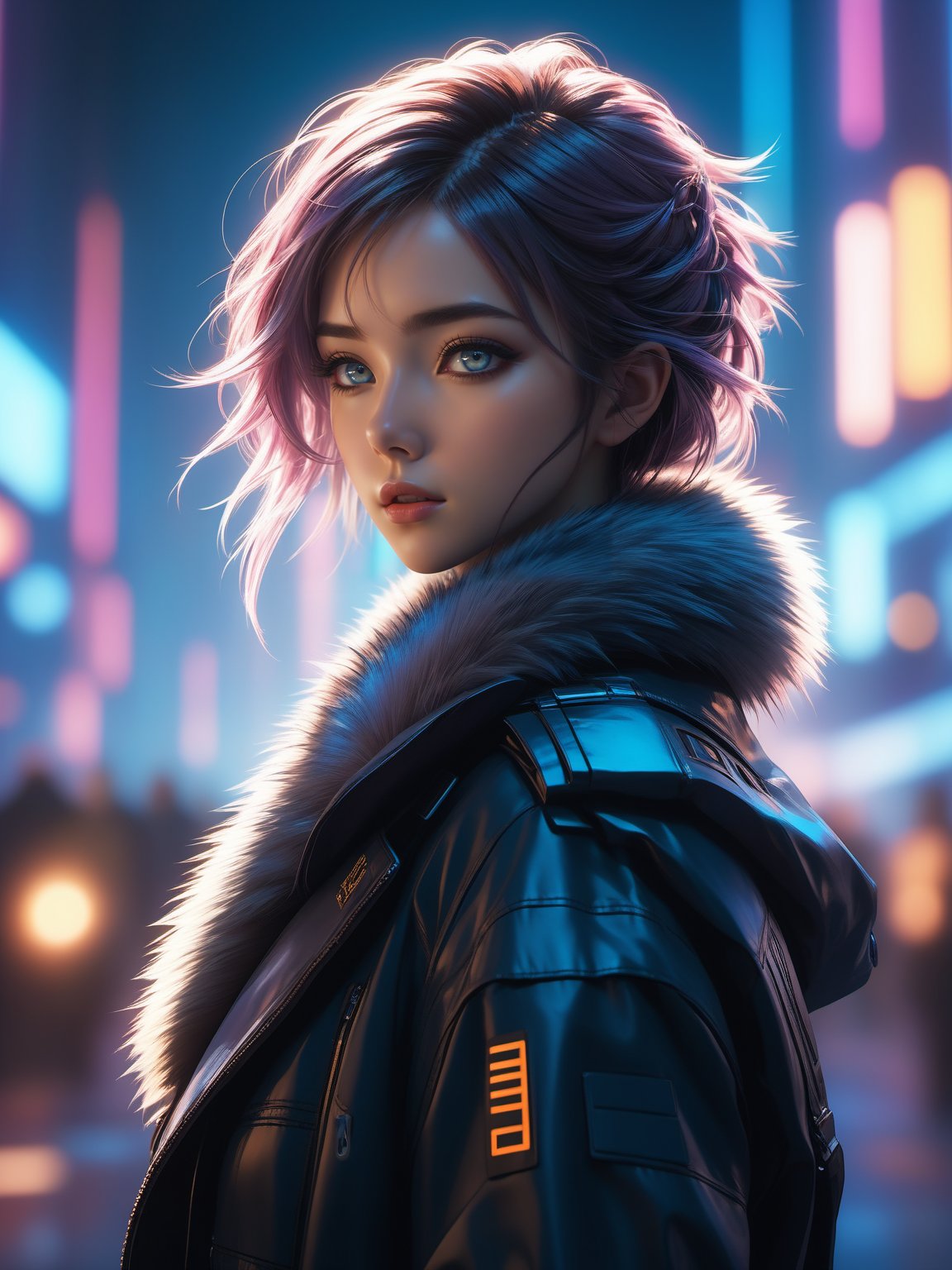 best quality,masterpiece,Studio Lighting,1girl,solo,beautiful detailed eyes,delicate shadow,illustration,cyberpunk, city, fur, upper body,cinematic photo . 35mm photograph, film, bokeh, professional, 4k, highly detailed. BREAK