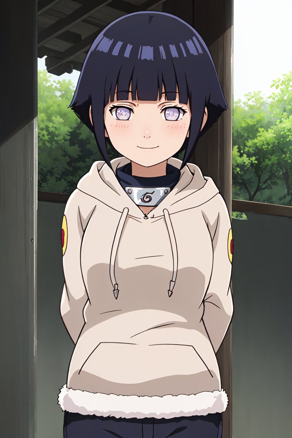 hinata, 4k, absurd, high resolution, very high resolution, high definition, masterpiece, anime_source, short hair, black hair, no pupils, blunt bangs, shiny hair, white eyes, hoodie, hood down, long sleeves, pants capri,hands behind back, blush, smile, upper body, arms in V, embarrassed, blushing<lora:EMS-383008-EMS:0.800000>