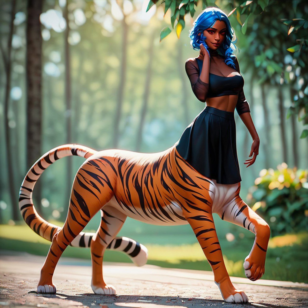 (((beautiful, high quality))), full Body, score_9, score_8_up, score_7_up, Сentaur, Centaur tiger, 1girl, dark skin, red eyes, blue hair, black top, skirt, red tiger,looking at the viewer, posing, blurred background,