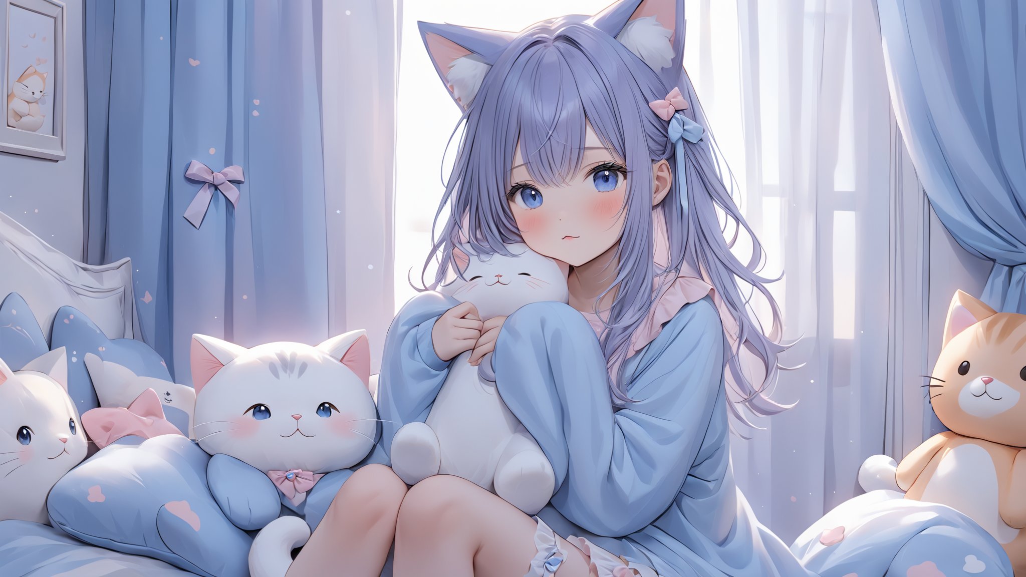 1girl, animal ears, bloomers, blue eyes, blush, cat ears, cat girl, cat tail, curtains, hair ornament, long hair, pillow, sleeves past wrists, stuffed animal, stuffed cat, stuffed toy, tail, underwear