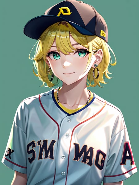 (anime, tone mapped:1.2),1girl, aqua eyes, baseball cap, blonde hair, closed mouth, earrings, green background, hat, hoop earrings, jewelry, looking at viewer, shirt, short hair, simple background, solo, upper body, yellow shirt,(symmetric), (exceptional, best aesthetic, new, newest, best quality, masterpiece, extremely detailed:1.2)