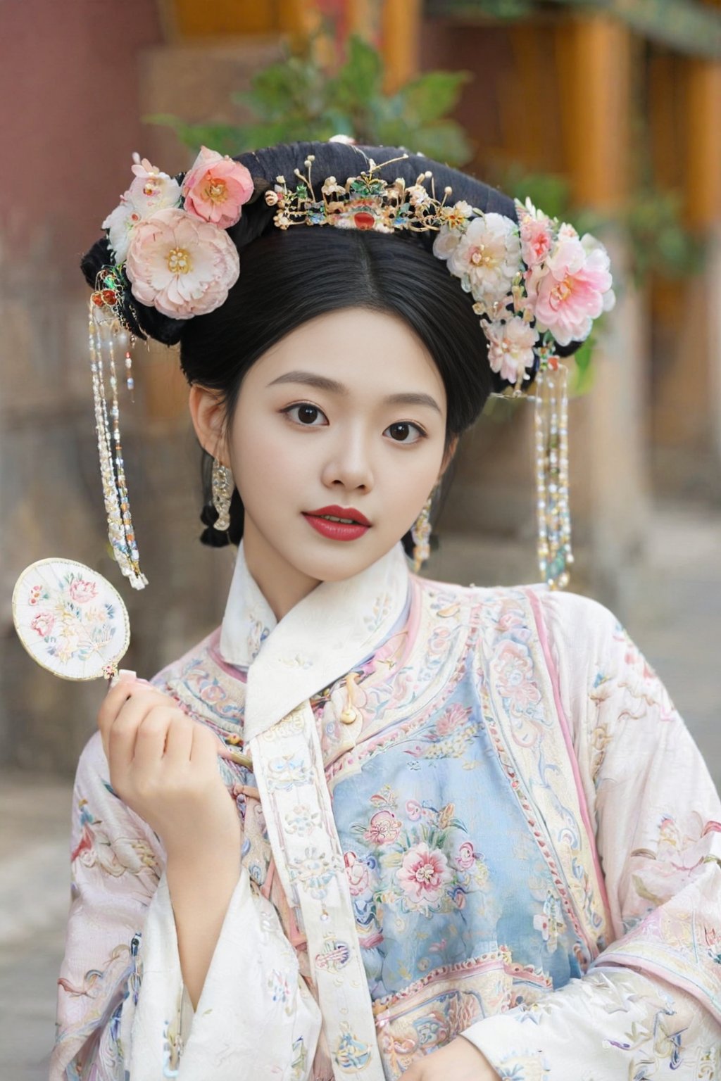 1girl,solo,black hair,hand fan,hair ornament,holding fan,chinese clothes,holding,flower,red lips,blurry background,looking at viewer,long sleeves,blurry,hair flower,black eyes,floral print,parted lips,earrings,jewelry,realistic,