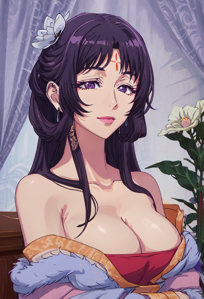 best quality, masterpiece, highres, solo, (pairin_theapothecarydiaries:1.10), 1girl, bare shoulders, flower, forehead mark, jewelry, cleavage, upper body, chinese clothes, collarbone, lipstick, looking at viewer, smile, anime_style, 1 <lora:pairin_theapothecarydiaries:0.80>