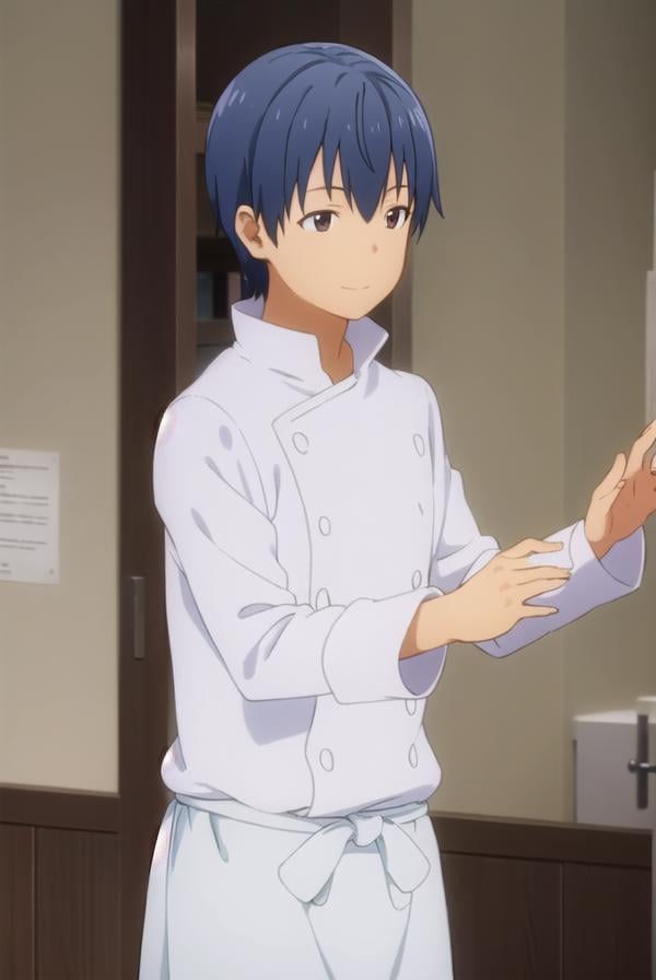 hiroomisouma, <lora:hiroomi souma s2-lora-nochekaiser:1>,hiroomi souma, (brown eyes:1.3), blue hair, male focus, smile,BREAK apron, buttons, waist apron, white pants, chef,BREAK indoors, restaurant,BREAK looking at viewer, (cowboy shot:1.5),BREAK <lyco:GoodHands-beta2:1>, (masterpiece:1.2), best quality, high resolution, unity 8k wallpaper, (illustration:0.8), (beautiful detailed eyes:1.6), extremely detailed face, perfect lighting, extremely detailed CG, (perfect hands, perfect anatomy),