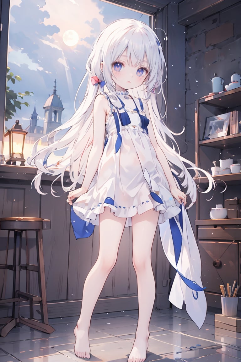 masterpiece,best quality,loli,full-body photo,cute and shy,full_shot,(evening:1.3),moon,petite,white_skin,bare_foot,loose hair,stand,arms outstretched,