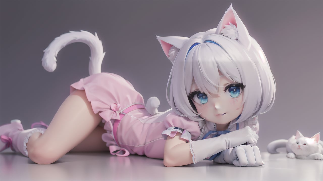 Lonely little girl with cat ears and tail wearing cute white cat gloves and pink delicate outfit. Royal blue eyes.<lora:EMS-38147-EMS:0.800000>