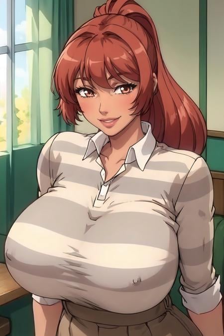 MorisakiMegum1, tan skin, red hair, ponytail, sidelocks, bangs, brown eyes, eyebrows visible through hair, lips, huge breasts, looking at viewer, collared striped shirt, horizontal stripes, white_and_grey_stripes, smile, indoors  <lora:Morisaki_Megumi_UG_v1:0.8>