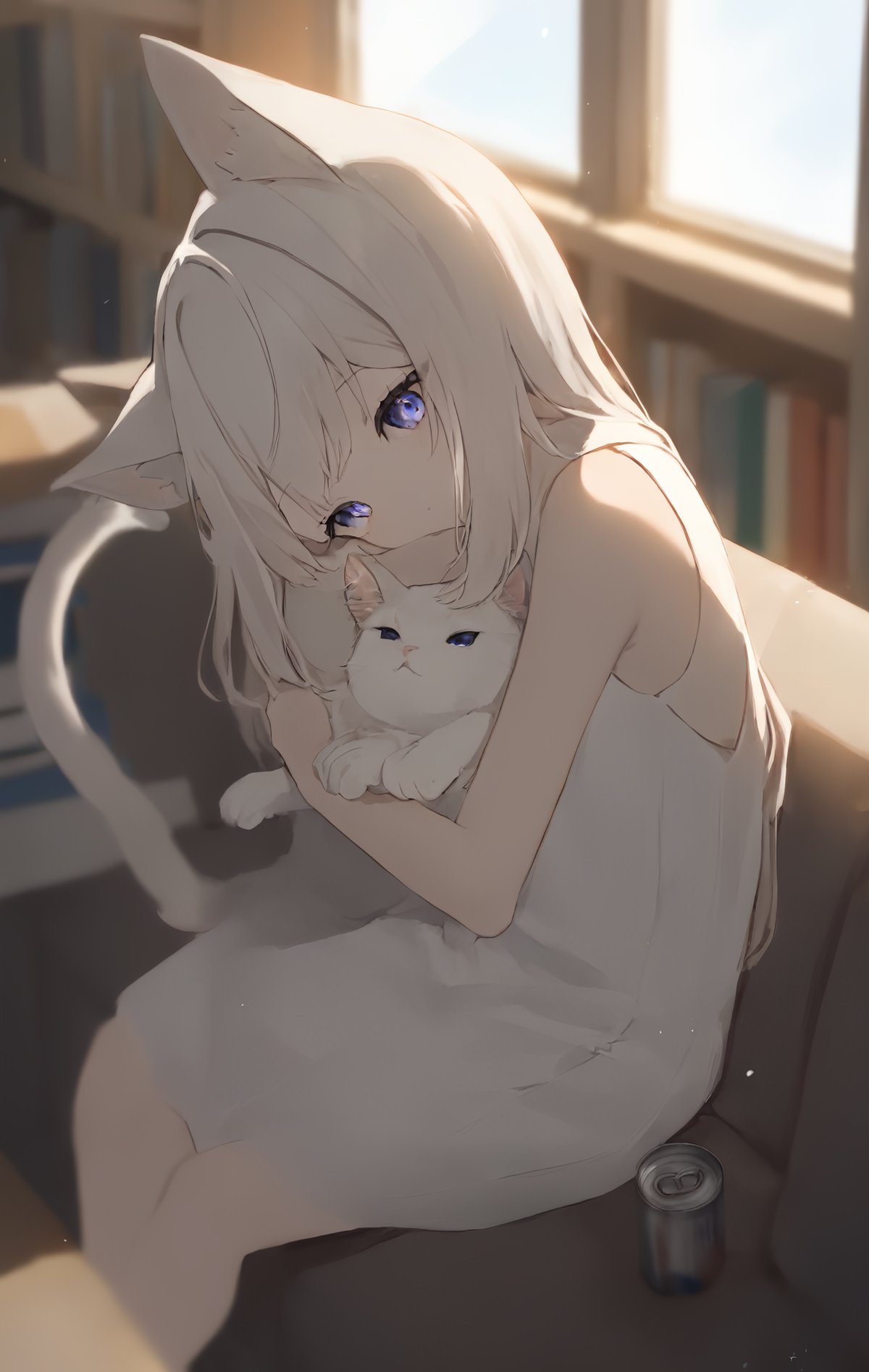 1girl, solo, a young girl with white hair and wearing a white dress sits on a couch, embracing a white cat, She has cat ears and a tail, showing her to be a feline creature like human, with a window letting in natural light and a bookshelf full of various books, Nearby, one can see a cup placed on a table, depth of field, blurry foreground, blurry background,masterpiece, best quality, absurdres, recent, newest, safe, sensitive