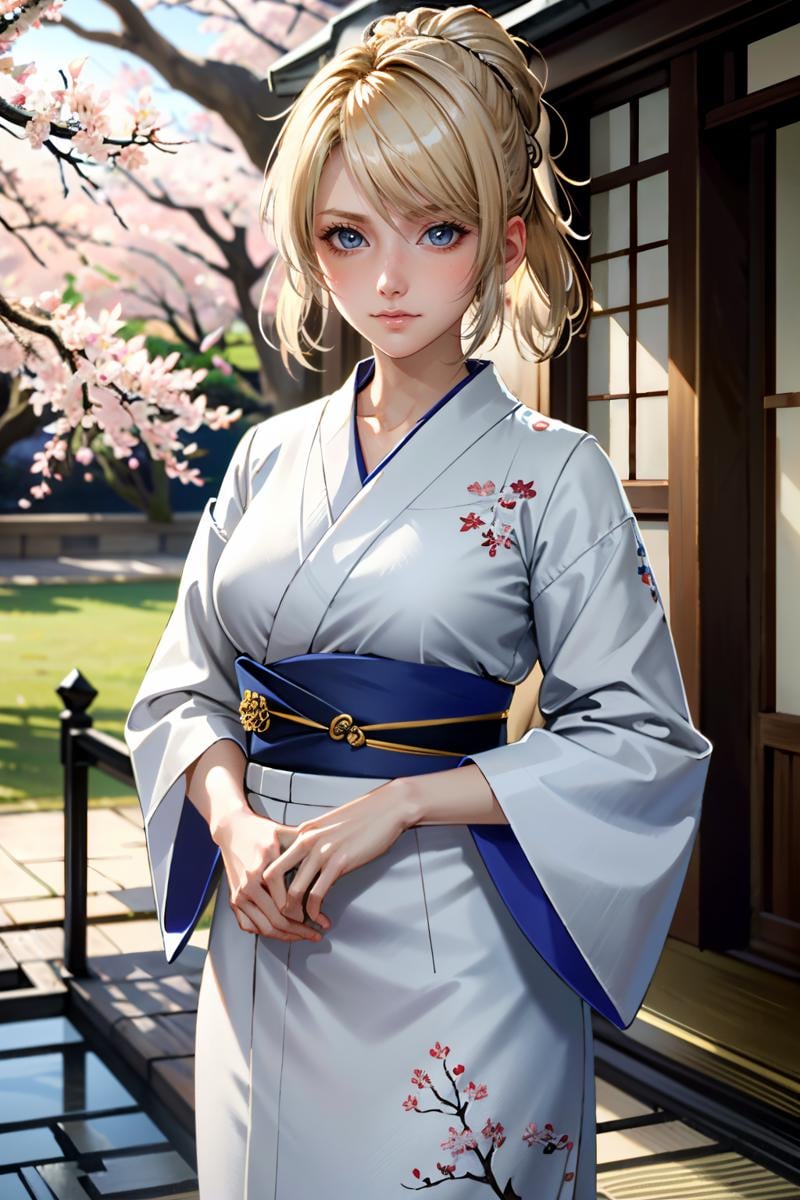 ((ultra detailed, masterpiece, absurdres)) <lora:FFLuna:0.8>FFLuna, 1girl, blonde hair, looking at viewer, in a traditional kimono, surrounded by cherry blossoms