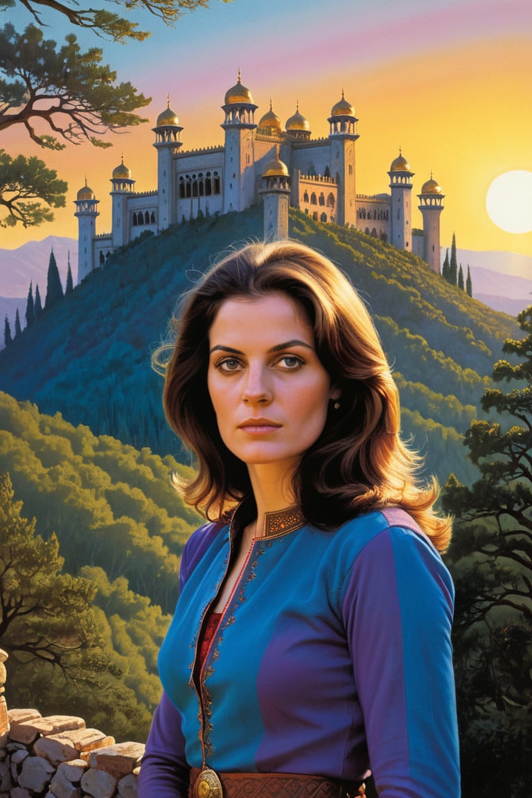 woman close up portrait, 1970s dark fantasy book illustration, abandoned Persian palace with defensive walls in the forest, forest is of castle is primarily made of sandstone with golden domes and blue topped minarets, far background contains mountains only, sun setting making the sky appear purple and red, perspective is ground level looking through trees from atop a hill <lora:rebbackp:1>