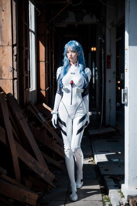 best quality, masterpiece, photorealistic, 1girl, solo, looking at viewer, bangs, full body, closed mouth, expressionless, standing, ayanami_cosplay_costume, plugsuit, blue hair, ayanami rei, pilot suit, cosplay, long hair, interface headset, hairpods, gloves, bracer, skin tight, ( ruins:1.4), night, neon light, cyberpunk, science fiction, future city, detailed background, <lora:ayanami_cosplay_costume_v2:0.65>