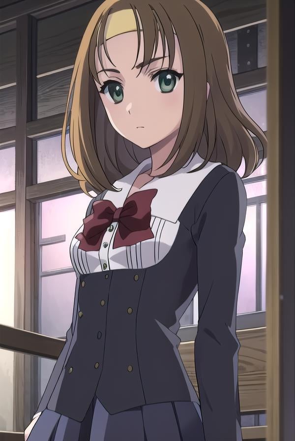 kumimori, <lora:kumi mori s1-lora-nochekaiser:1>,kumi mori, brown hair, hairband, (green eyes:1.5), medium hair,BREAK skirt, thighhighs, school uniform, shoes, black thighhighs, zettai ryouiki, bow, red bow,BREAK indoors, classroom,BREAK looking at viewer, (cowboy shot:1.5),BREAK <lyco:GoodHands-beta2:1>, (masterpiece:1.2), best quality, high resolution, unity 8k wallpaper, (illustration:0.8), (beautiful detailed eyes:1.6), extremely detailed face, perfect lighting, extremely detailed CG, (perfect hands, perfect anatomy),