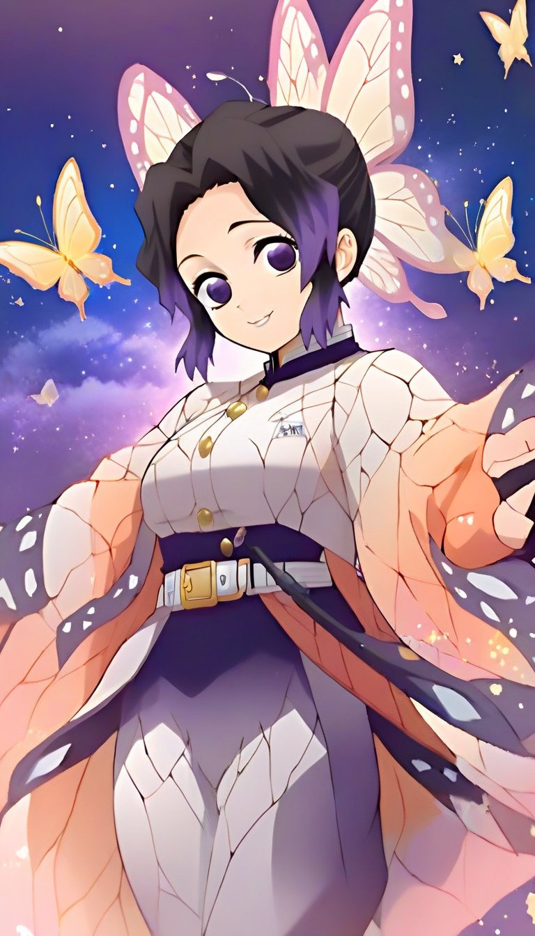 ethereal fantasy concept art of   <lora:ShinobuXL:.9> shinobu, full body, butterflies . magnificent, celestial, ethereal, painterly, epic, majestic, magical, fantasy art, cover art, dreamy