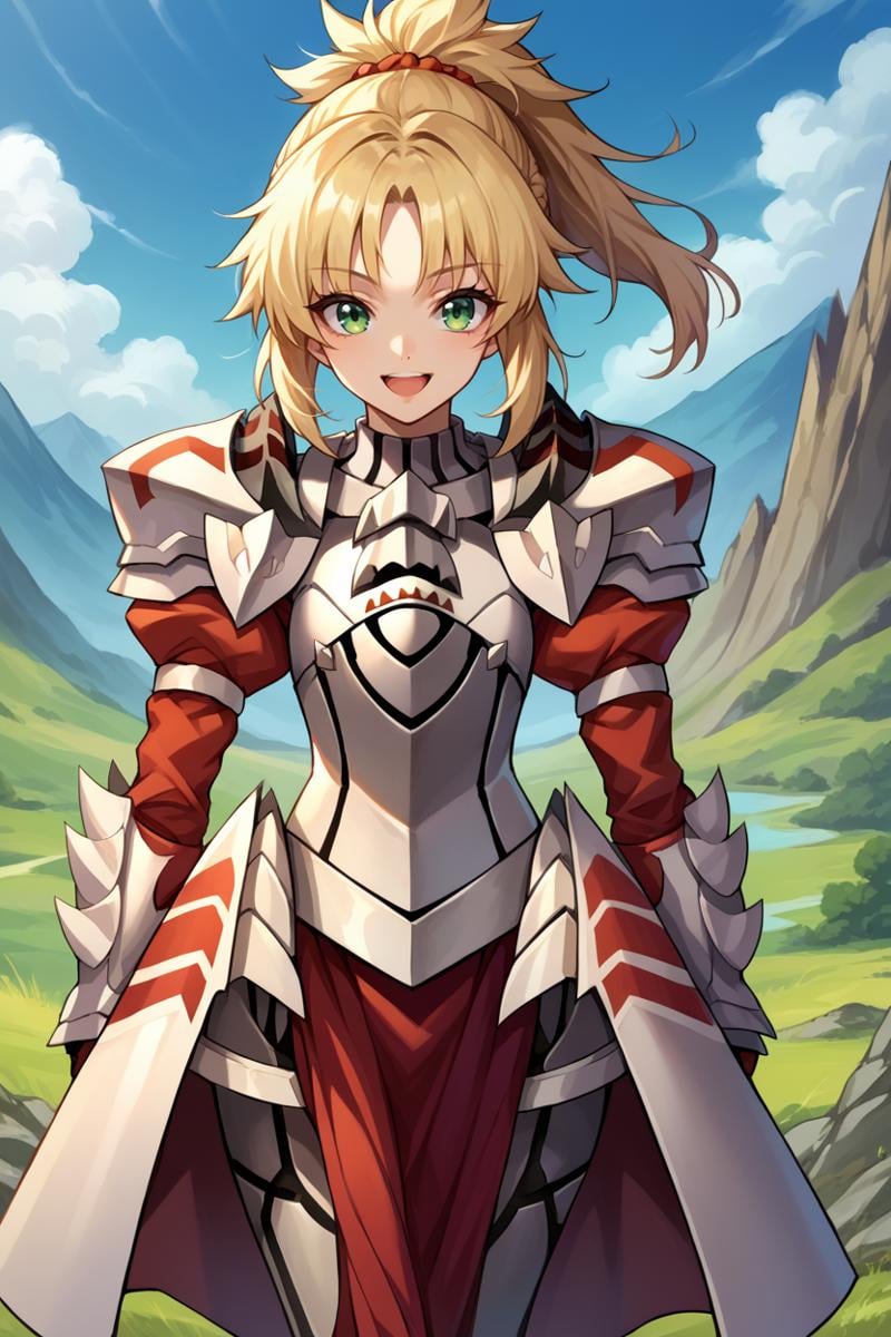 score_9, score_8_up, score_7_up, score_6_up, source_anime, BREAK 1girl, solo, <lora:mordred-pdxl-nvwls-v1-000005:1> armorMord, blonde hair, green eyes, ponytail, armor, full armor, shoulder armor, gauntlets, armored boots, happy, looking at you, blue sky, mountains