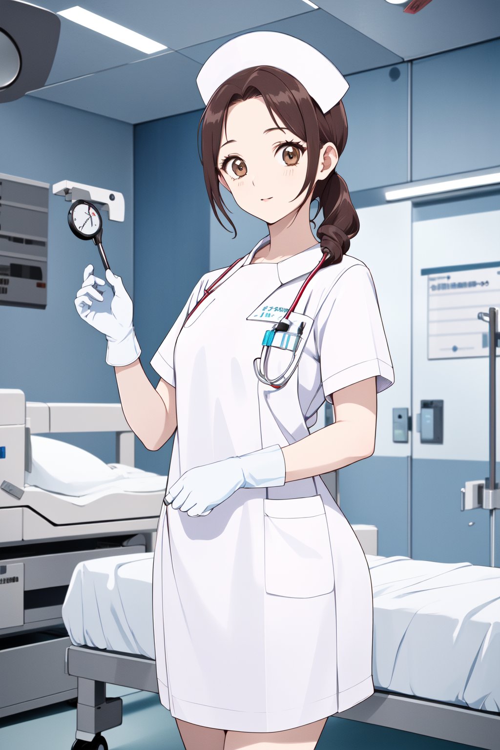 (RAW photo, best quality), wide angle photo, masterpiece, 1girl,  natural lightinghospital, operating room, surgical gloves, (((White))) nurse uniform smooth, nurse, nurse hat, stethoscope  <lora:NurseUniform0_1:0.8>, <lora:aoi_takamoto_dr_elise_v1_2:1>, aoi takamoto