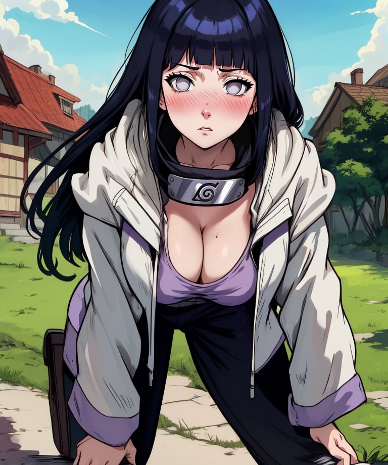 Hinata,black hair,blunt bangs,no pupils,grey eyes,long hair,long sleeves,konohagakure symbol,jacket,hood down,forehead protector around neck,pants,leaning forward,cleavage,blush,solo,village,outdoors,(insanely detailed, masterpiece, best quality,),<lora:HinataShip:0.9>,