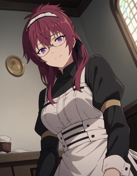 score_9, score_8_up, score_7_up, source_anime,lilyagreyrat, <lora:lilya-greyrat-s1-ponyxl-lora-nochekaiser:1>,lilya greyrat, purple eyes, red hair, glasses,long sleeves, dress, pantyhose, apron, maid, maid headdress, maid apron,indoors, smile,looking at viewer, dutch angle, cowboy shot,