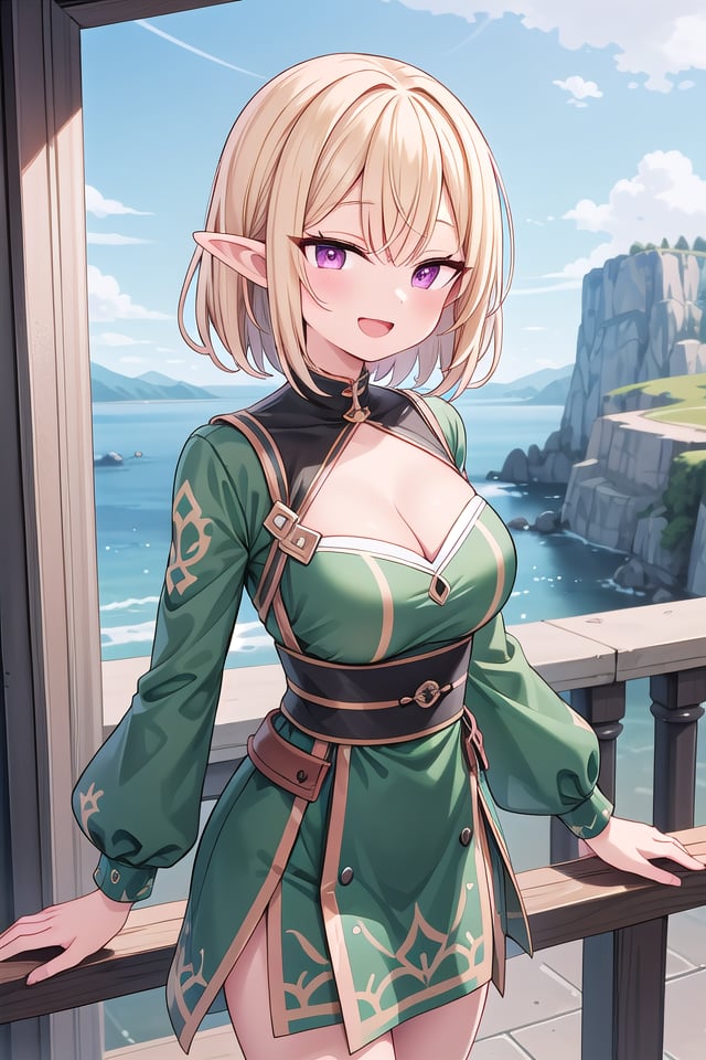 insanely detailed, absurdres, ultra-highres, ultra-detailed, best quality,1girl, solo, nice hands, perfect handsBREAKelf girl, (wearing green dress:1.2), (nsfw:-1.5), (navel:-1)BREAKhappy smile, laugh, open mouthBREAKstanding, cowboy shot, looking at viewerBREAKslender, kawaii, perfect symmetrical face, ultra cute girl, ultra cute face, ultra detailed eyes, ultra detailed hair, ultra cute, ultra beautifulBREAKOn the peak of a distant mountain, a gargantuan dragon from the ancient times roars, depth of field, ultra detailed backgroundBREAKlarge breasts, cleavage,BREAKblonde hair, medium hair, elf ear, pink eyes