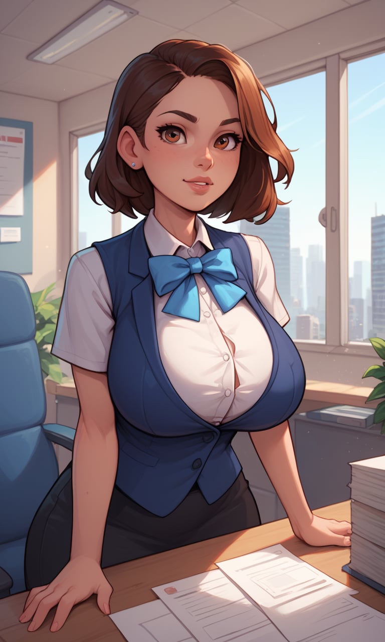 score_9, score_8_up, score_7_up, score_6_up, score_5_up, score_4_up, source_cartoon, BREAK, 1girl, matured female, brown eyes, huge breasts, vest, bow, best quality, hires, detailed face, office, buildings from window, detailed background, diffused sunlight, depth of field, bokeh