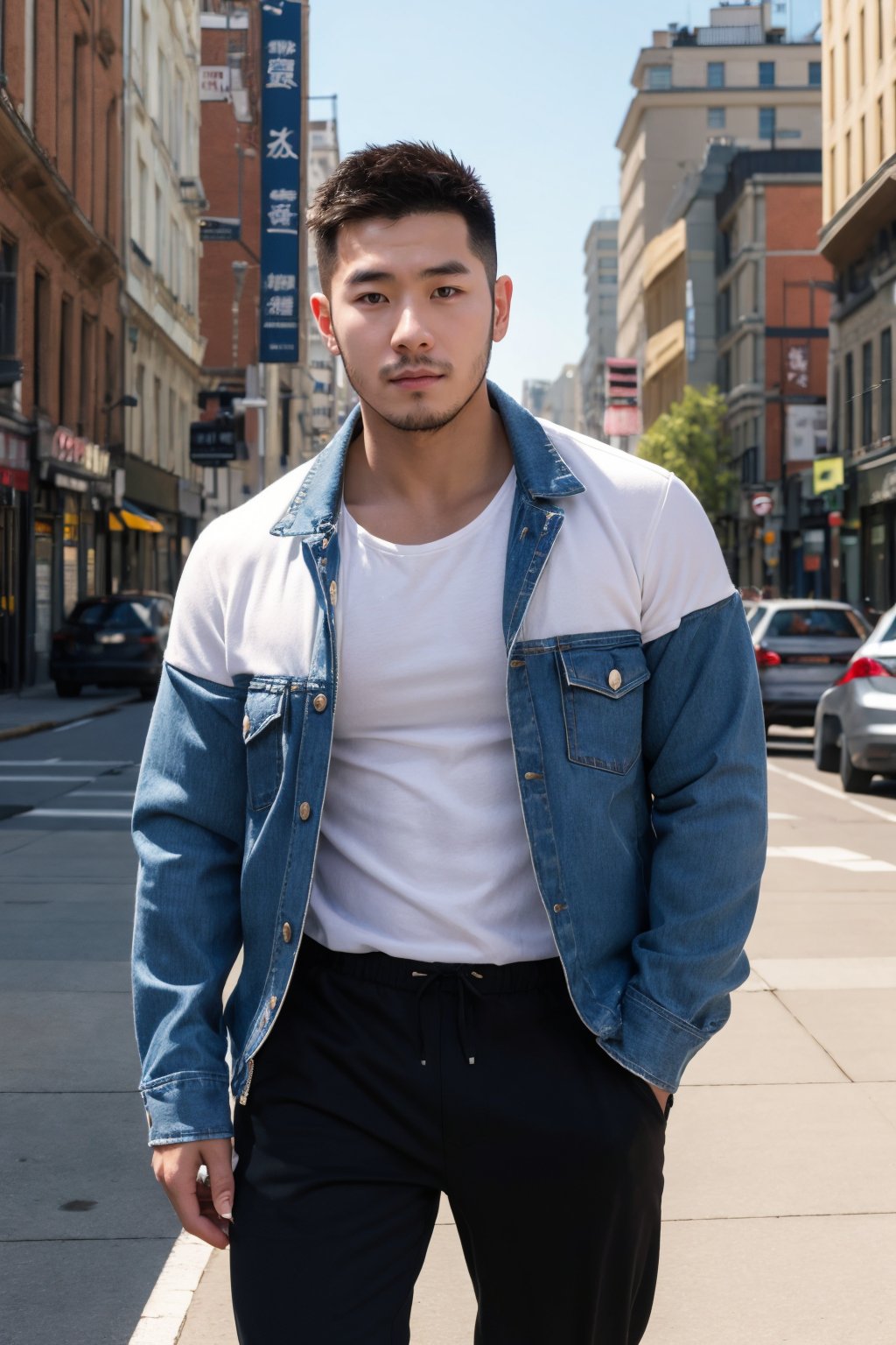 lianmo_nan,1boy,male focus,jacket,pectorals,solo,shirt,open jacket,open clothes,short hair,outdoors,looking at viewer,pants,closed mouth,muscular,off shoulder,city,muscular male,<lora:man_face_02_v1.0:1>,