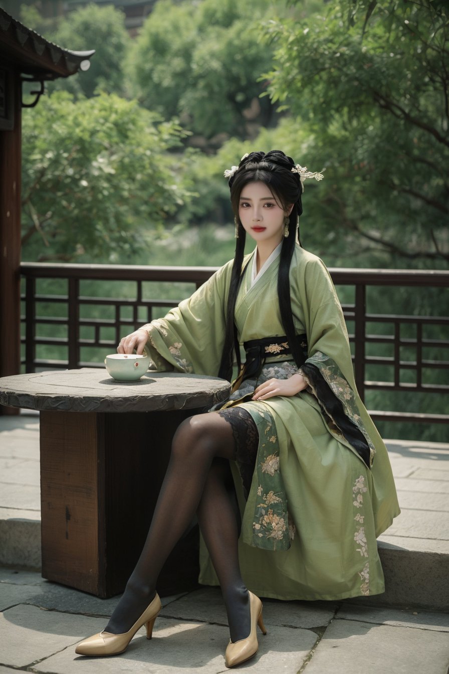 (black_pantyhose:1.6),high_heels,(presenting legs:1.3),looking at viewer,smile,(sitting:1.2),(long legs:1.2),(full body:1.3),(hanfu,chinese traditional clothes:1.2),<lora:yuanlin_muggle:0.4>,yuanlin muggle,<lora:S-shape body:0.8>,, masterpiece, best quality,