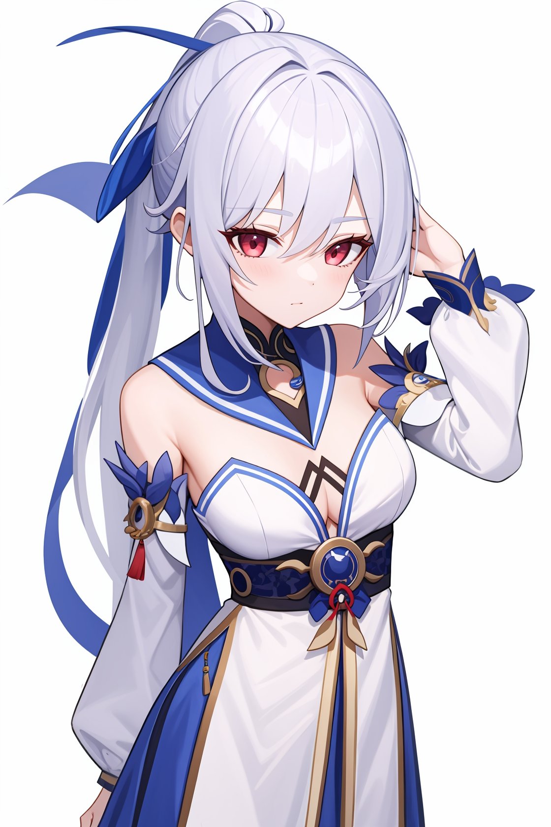 <lora:镜流v4:1:lbw=char>,jingliu,1girl,solo,bangs,bare shoulders,high quality,detached sleeves,cleavage,ponytail,school uniform,sailor dress,, (masterpiece,best quality:1.2),absurdres, high quality,