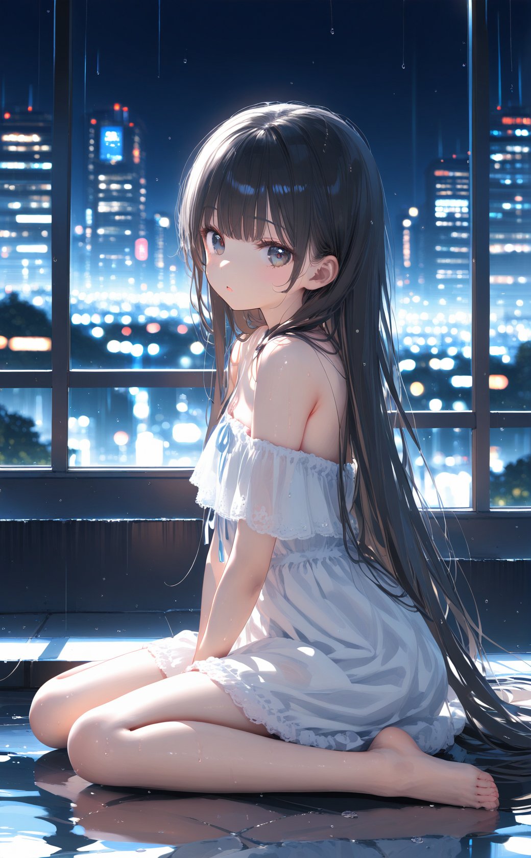 (masterpiece),(best quality),illustration,ultra detailed,hdr,Depth of field,(colorful),loli,1girl,long hair,solo,dress,very long hair,black hair,rain,sitting,reflection,white dress,cityscape,off shoulder,skyscraper,window,city,building,indoors,looking at viewer,bare shoulders,city lights,short sleeves,barefoot,reflective floor,off-shoulder dress,wariza,night,hand between legs,