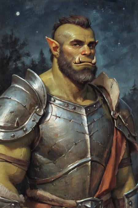 score_9, score_8_up, score_7_up, painting (medium), traditional media, realistic, solo, male focus, mature male, orc, green skin, tusks, beard, outdoors, armor, looking at viewer, shoulder armor, breastplate, upper body, closed mouth, pauldrons, night, night sky, standing <lora:Oil Gothic Painting Style SDXL_LoRA_Pony Diffusion V6:1>