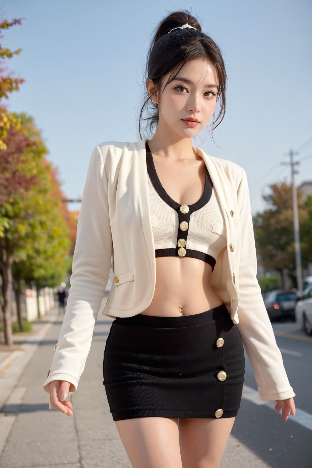 Female, (Big breasts), (Qi bangs, ponytail), (Ancient, Heroine), (velvaura, white bra, midriff, black skirt), cropped jacket, (black jacket), long sleeves, Standing in the city street, falling leaves, sun rays, black shades, autumn leaves, warm climate, (long legs), (ring finger diamond ring), full body, (looking at viewer), masterpiece, realistic, ((face closeup, face shot)), <lora:10xCocoDress(Majic)_LR5_v1:0.7>