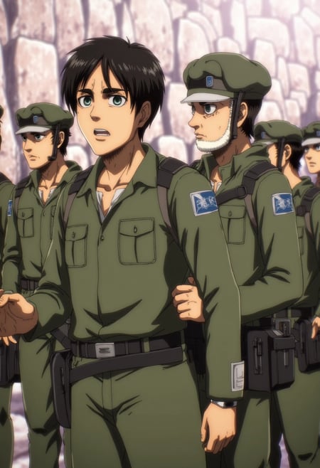 An illustration of Eren Yeager alongside his squad, all equipped with omnidirectional gear, preparing for an upcoming mission. Erenâs expression is a mix of determination and camaraderie, as he shares a moment of resolve with his friends. The scene is filled with tension and anticipation, capturing the bonds formed in the face of danger.