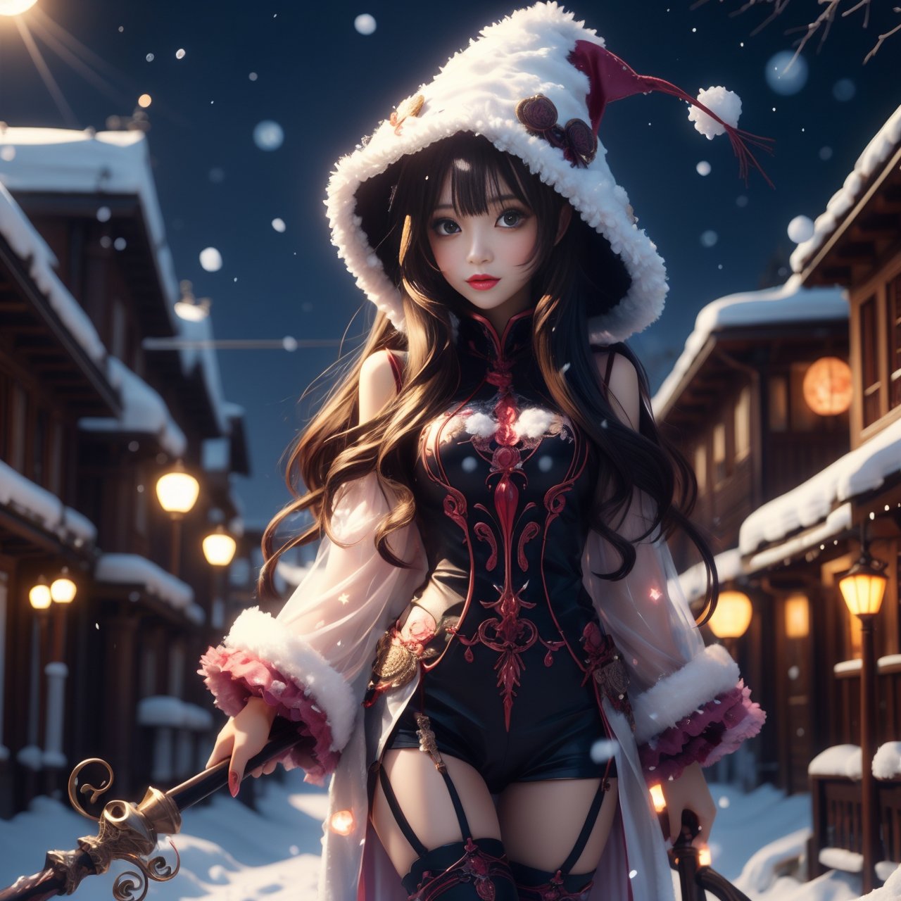 anime,cute girl,wizard hat,robe,thigh-highs,holding ancient staff,happy,midnight,bloom,ambient occlusion,glow,glowing lights,light particles,transparent,translucent,bokeh,depth of field,snow,wind,