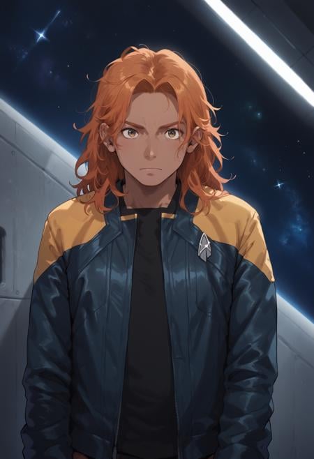 core_9, score_8_up, score_7_up ,score_6_up, man,dark skin,black skin,african,ghanian,ginger hair,longer hair,messy hair,space station interrior,machinery,metal walls,pcdjck,Star trek jacket,yellow shoulders,black shirt,<lora:PicardJacketPony>