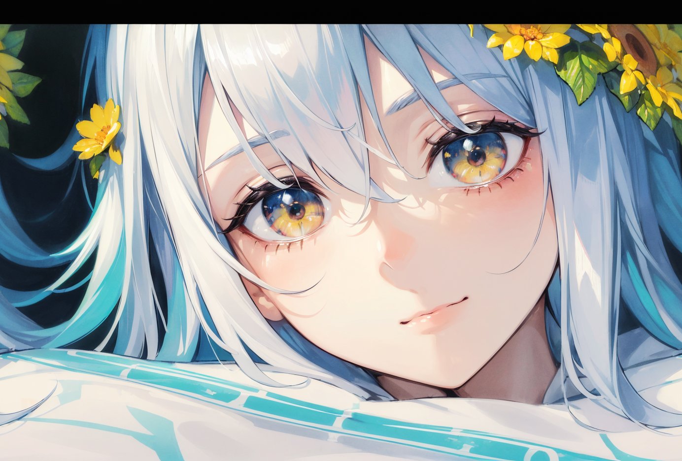 (bloom, best quality, masterpiece:1.4),ultra high res,amazing,(2d:1.48),illustration,(extreme detailed),extreme detailed background,white hair,blue hair,yellow eyes,holding,holding handheld game console,nintendo switch,bottomless,indoors,on bed,simple background,emotionless sex,distracted,soft lighting,detailed lighting,one closed eye,happy face,