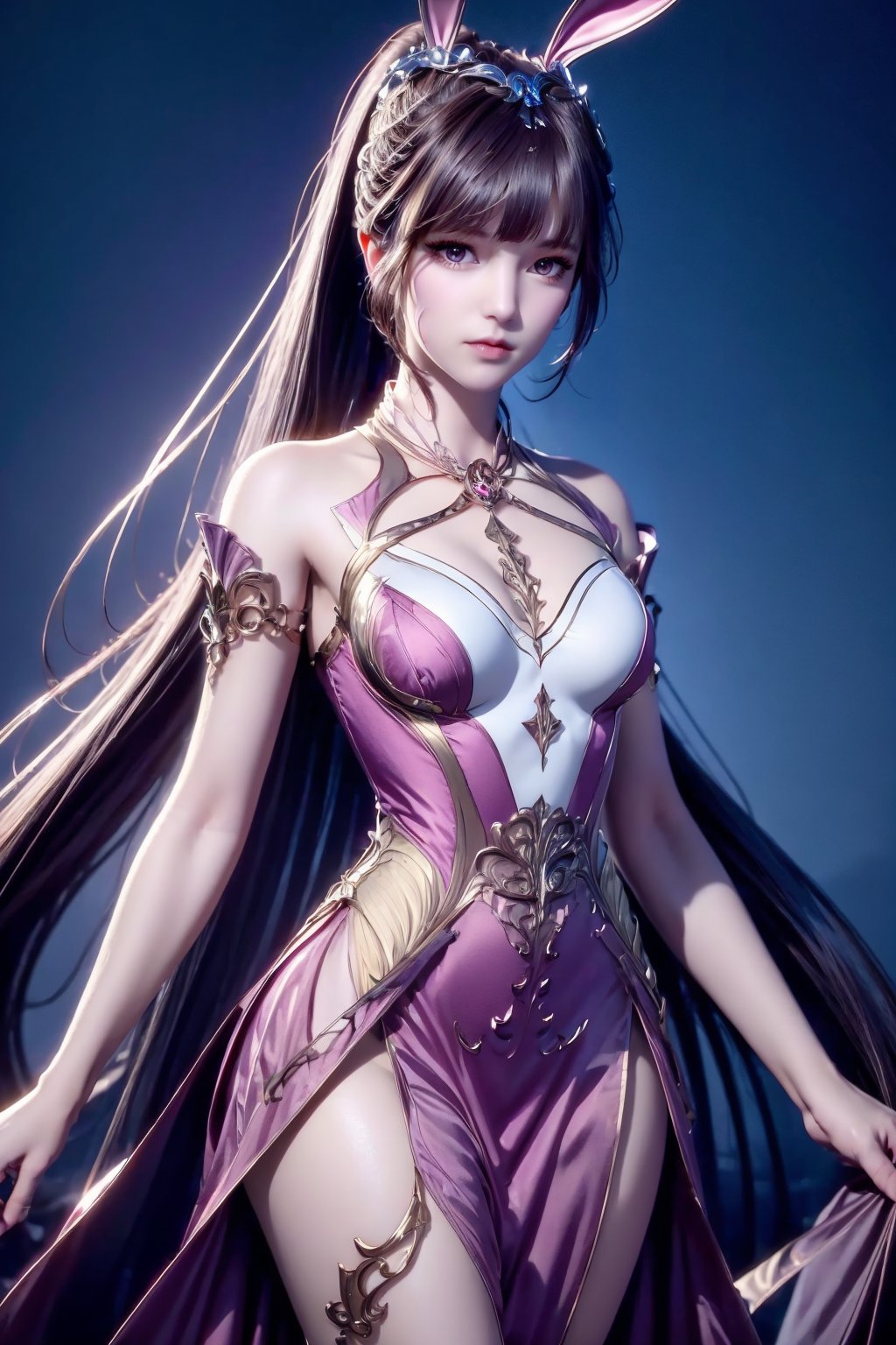 <lora:AgainXiaowu:0.8>, AgainXiaowu, 1girl, solo, upper body, animal ears, metal collar, rabbit ears, ponytail, brown hair, long hair, hair ornament, pink dress, dress, collar, closed mouth, looking at viewer, breasts, bare shoulders, medium breasts, expressionless, blue background, dark background