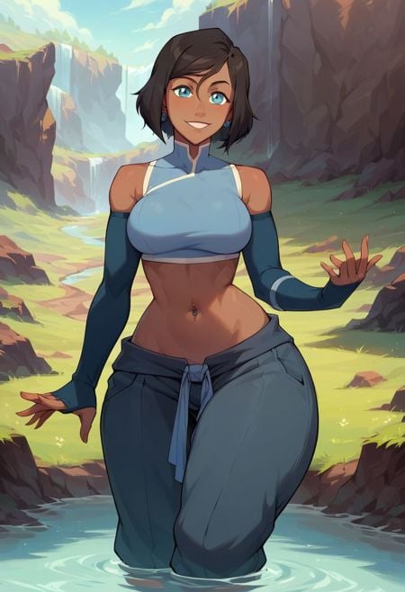 score_9, score_8_up, score_7_up, score_6_up, score_5_up, score_4_up, dark skin, detached sleeves, (masterpiece,best quality,ultra-detailed:1.6), Korra, crop top, baggy pants, smiling, black hair, short hair, beautiful eyes, blue eyes, earrings, navel piercing, big boobs, boots, cumshot, (perfect anatomy:1.6), (perfect eyes:1.5), (looking at viewer). (outdoors), (big thighs), (wide hips:1.5), madhouse-Animestyle, modern city, (water bending:1.5)