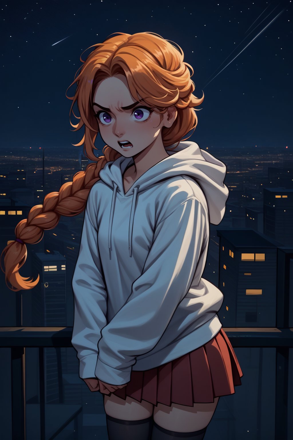 source_anime, score_9, score_8_up, 1girl, solo, <lora:NSLeahStardew:1> NSLeahStardew, orange hair, long hair, braid, braid in front, single braid, purple eyes, white hoodie, city, night, very long sleeves, oversized hoodie, red skirt, pleated skirt, thigh-highs, sleeves past wrists, angry, shouting