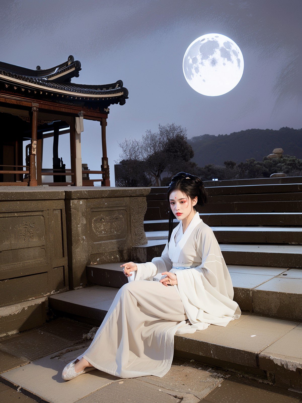 Moonlit Temple: Moonlight spills over an ancient temple. The Hanfu maiden sits on the stone steps,her face bathed in the ethereal glow of the moon.,