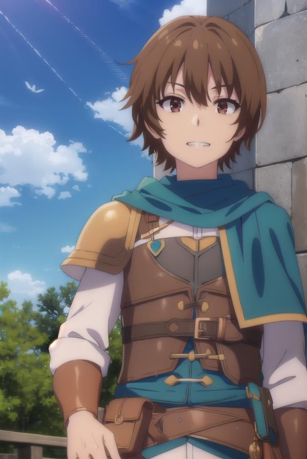 keyaru, <lora:keyaru s1-lora-nochekaiser:1>,keyaru, short hair, (brown eyes:1.5), brown hair, male focus, smile, grin,BREAK cape, armor,BREAK outdoors, forest, nature, grass, trees, sun, sky, clouds,BREAK looking at viewer, (cowboy shot:1.5),BREAK <lyco:GoodHands-beta2:1>, (masterpiece:1.2), best quality, high resolution, unity 8k wallpaper, (illustration:0.8), (beautiful detailed eyes:1.6), extremely detailed face, perfect lighting, extremely detailed CG, (perfect hands, perfect anatomy),