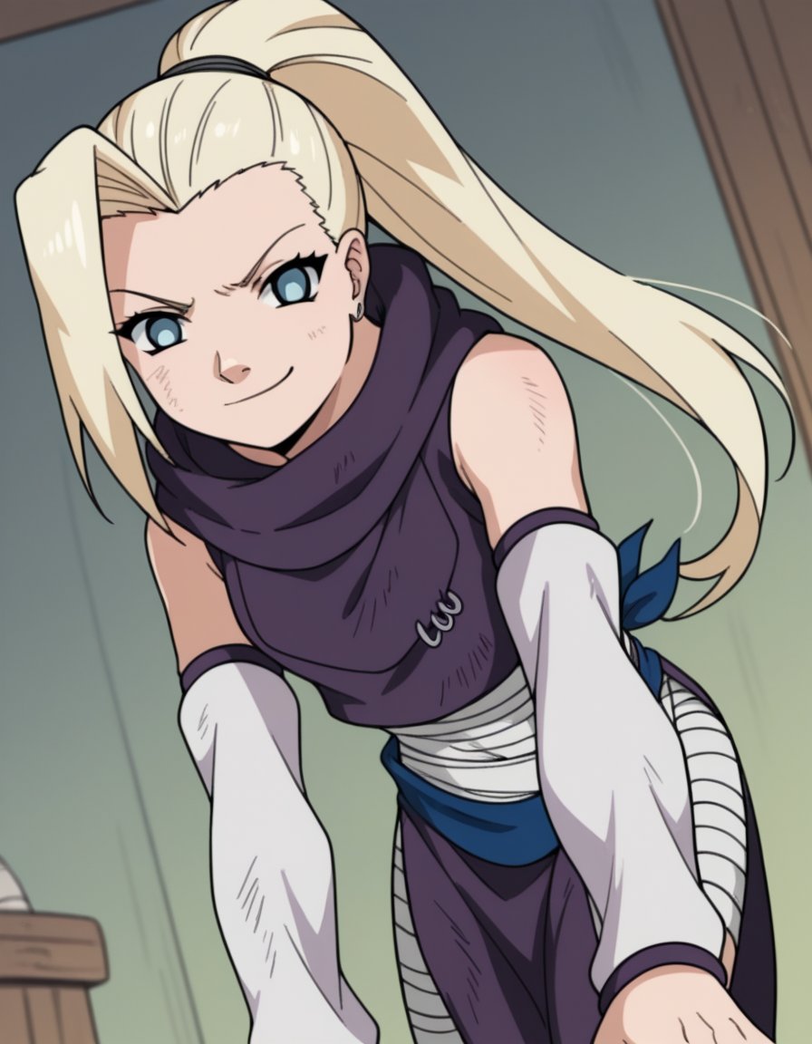 score_9, score_8_up, score_7_up, source_anime, <lora:ino-yamanaka-s1-ponyxl-lora-nochekaiser:1>, ino yamanaka, long hair, blonde hair, ponytail, high ponytail, blue eyes,, bare shoulders, detached sleeves, bandages, bandaged leg, sleeveless, hoodie, hood down, crop top, purple crop top, pelvic curtain, detached sleeves,, indoors, bent over, smile, smug, looking at viewer, solo,, cowboy shot, dutch angle