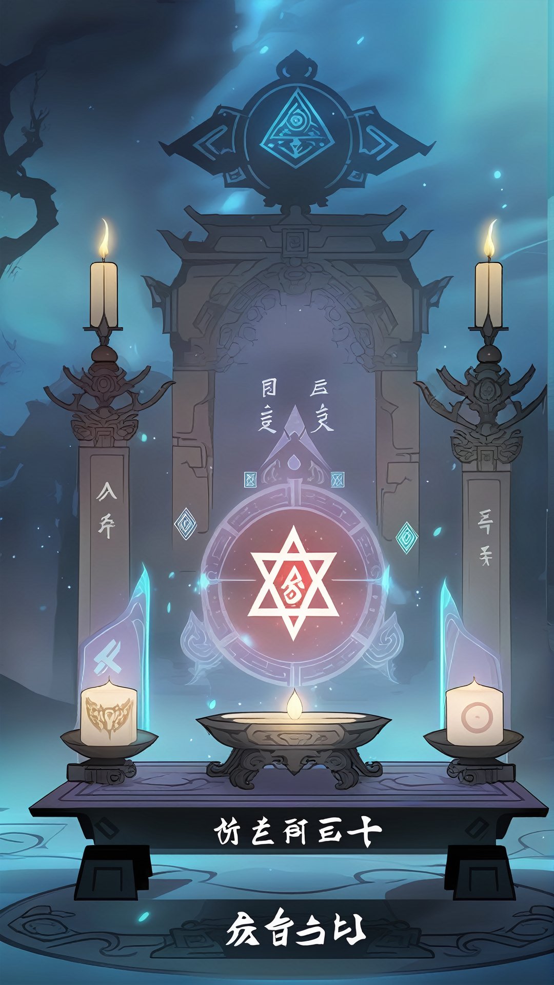 The background of the mystic altar activity interface is an ancient altar in the style of ink painting, surrounded by ancient runes and mysterious offerings on the altar, creating a sacred atmosphere. In the background, there are carefully depicted altars and mysterious lights, showing the altar of mystery<lora:sdxl_21shuimojiemian:0.6>,