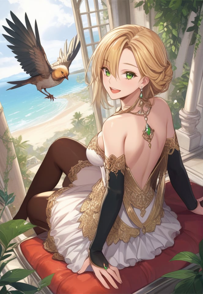 (best quality), ((masterpiece)), (highres), illustration, original, extremely detailed,   <lora:恩佩西斯的闪光:0.7>1girl, green eyes, solo, sitting, blonde hair, bird, thighhighs, smile, bridal gauntlets, dress, looking back, jewelry, open mouth, bare shoulders, earrings, looking at viewer