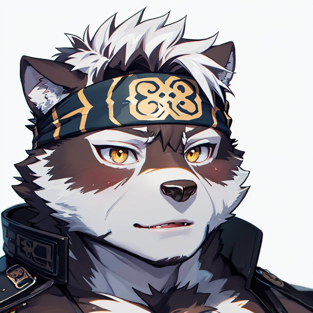 masterpiece,best quality, highly detailed, portrait,close-up,upper body,horkeu kamui,1boy,bara,furry male,muscular male,ainu clothes,grey fur,two-tone fur,headband,large pectorals,wolf boy,white fur,<lora:horkeu_kamui:1>,simple background,white background,