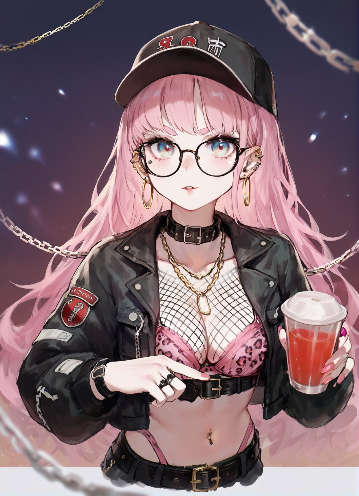 score_9,score_8_up,score_7_up,sese baseball cap,belt,black-framed eyewear,black jacket,bra peek,chain necklace,collarbone,cropped shirt,ears through headwear,fingernails,fishnets,holding cup,hoop earrings,leopard print,looking at viewer,midriff,multiple piercings,multiple rings,open jacket,panties,pink bra,puffy long sleeves,short eyebrows,short shorts,sleeves past wrists,stud earrings,<lora:tpony-style-v1-000100pn3:0.8>,