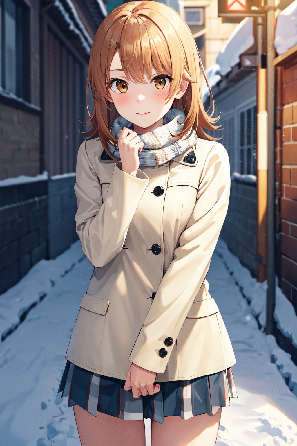 masterpiece, best quality, highres, aairoha, medium hair, <lora:isshiki_iroha_v1:0.7>, winter clothes, snow, street, cowboy shot, 