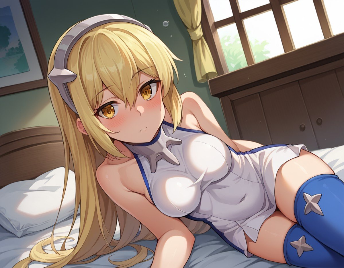 score_9, score_8_up, score_7_up, source_anime,aizwallenstein, <lora:aiz-wallenstein-ponyxl-lora-nochekaiser:1>,aiz wallenstein, blonde hair, hair between eyes, hairband, long hair, yellow eyes, sidelocks,blue thighhighs, covered navel, dress, multicolored clothes, multicolored dress, taut clothes, taut dress, thighhighs,indoors, bed, bed room, on side, blush, drunk,looking at viewer, dutch angle, cowboy shot,